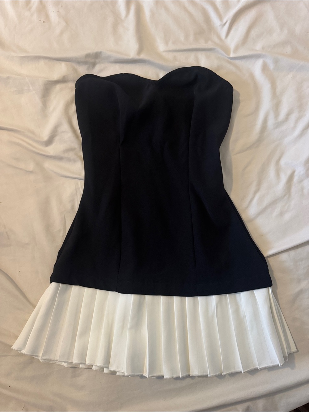 Strapless Black Dress with White Pleated Hem
